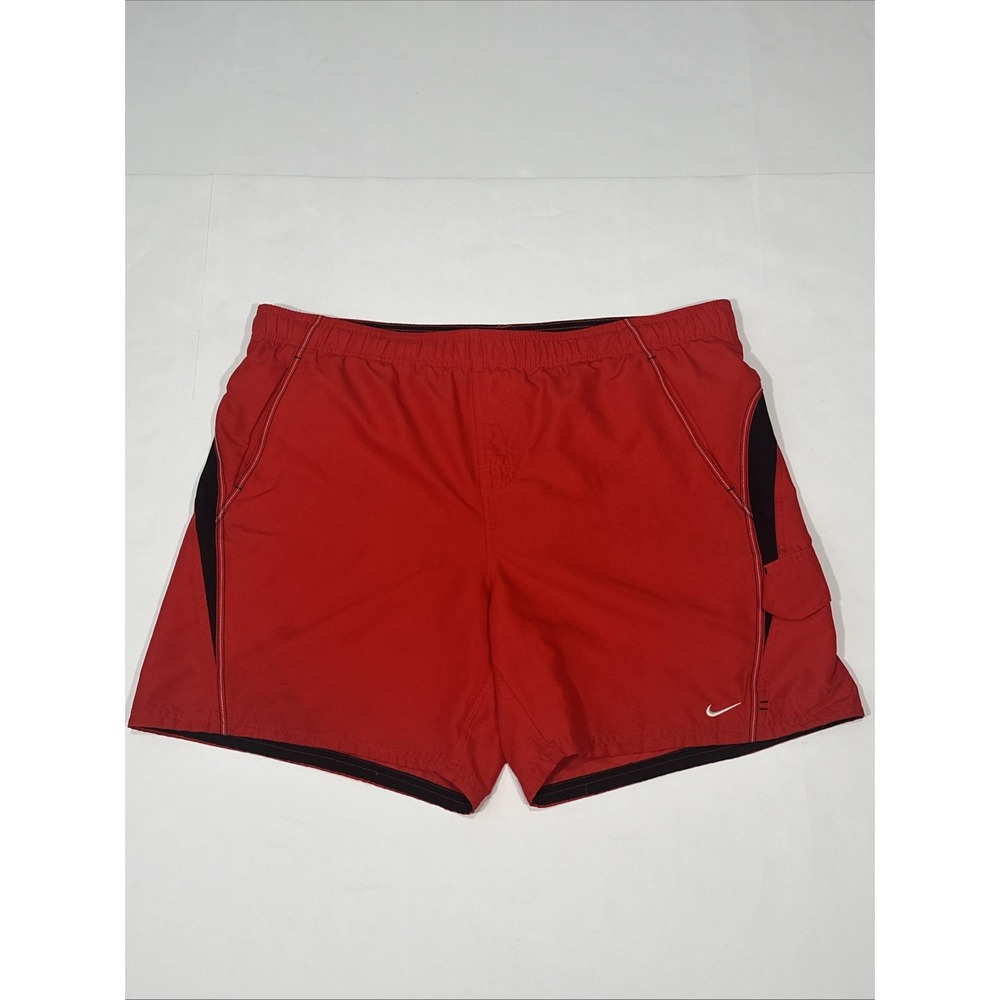 Nike Swim Shorts Mesh Lined Drawstring Red Black Cargo‎ Swoosh Men's Size XL